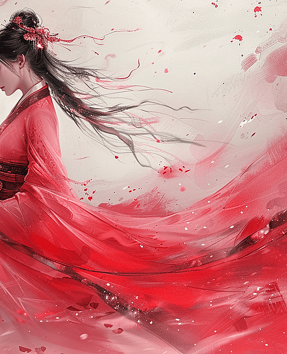 在这幅温婉的水彩画中，一位女子身着粉色汉服，如同古典诗画中走出的倩影。