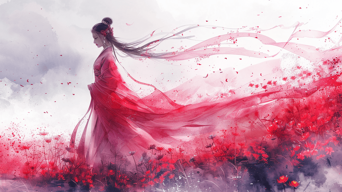 在这幅温婉的水彩画中，一位女子身着粉色汉服，如同古典诗画中走出的倩影。