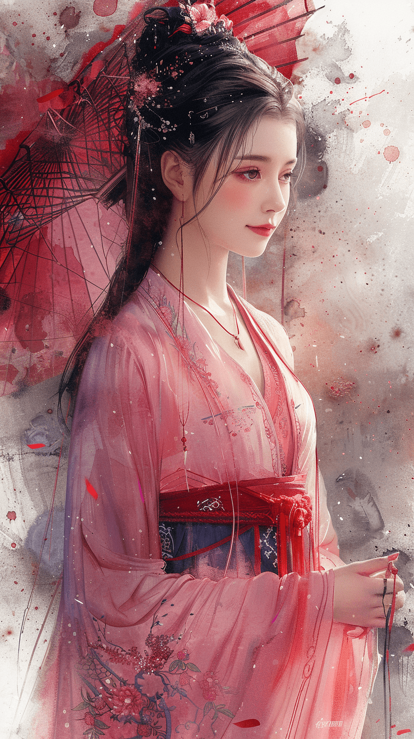 在这幅温婉的水彩画中，一位女子身着粉色汉服，如同古典诗画中走出的倩影。