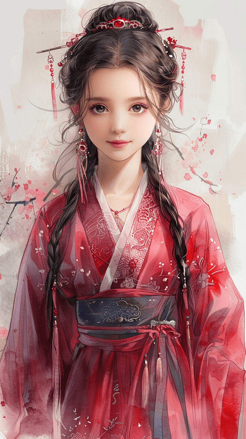 在这幅温婉的水彩画中，一位女子身着粉色汉服，如同古典诗画中走出的倩影。