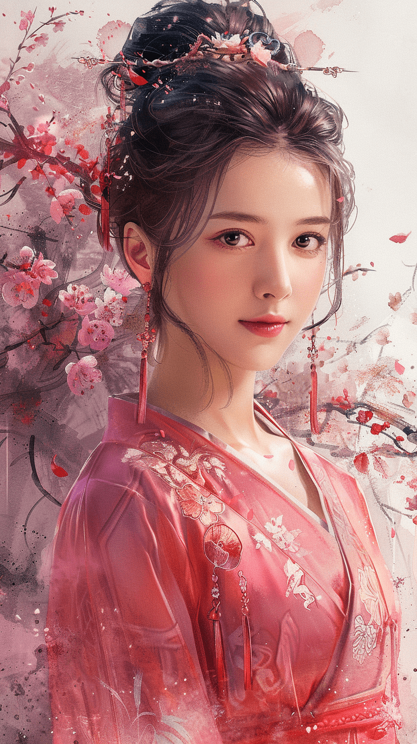 在这幅温婉的水彩画中，一位女子身着粉色汉服，如同古典诗画中走出的倩影。