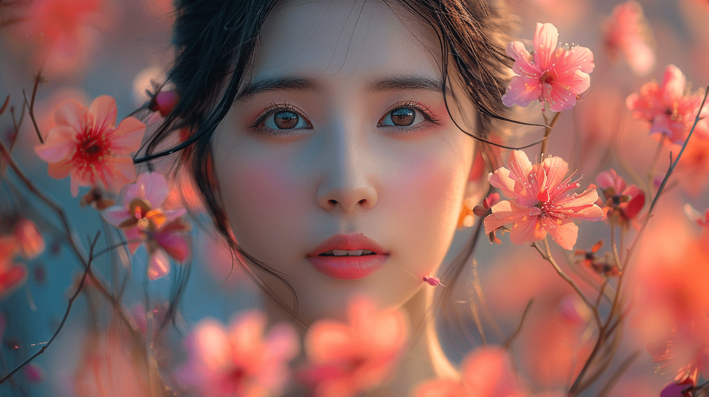 一位少女与五彩缤纷的花朵交织在一起，格外的唯美