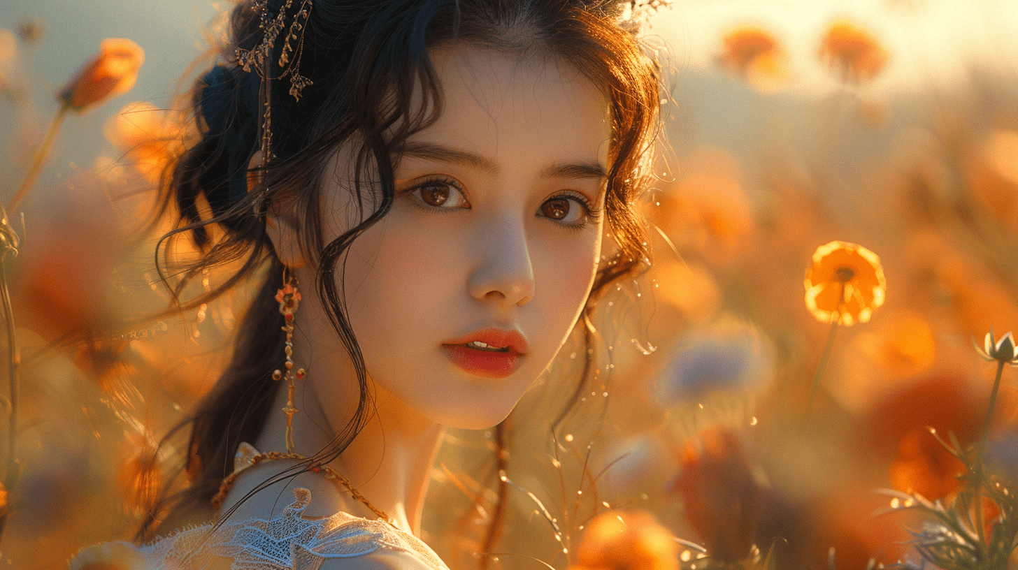 一位少女与五彩缤纷的花朵交织在一起，格外的唯美