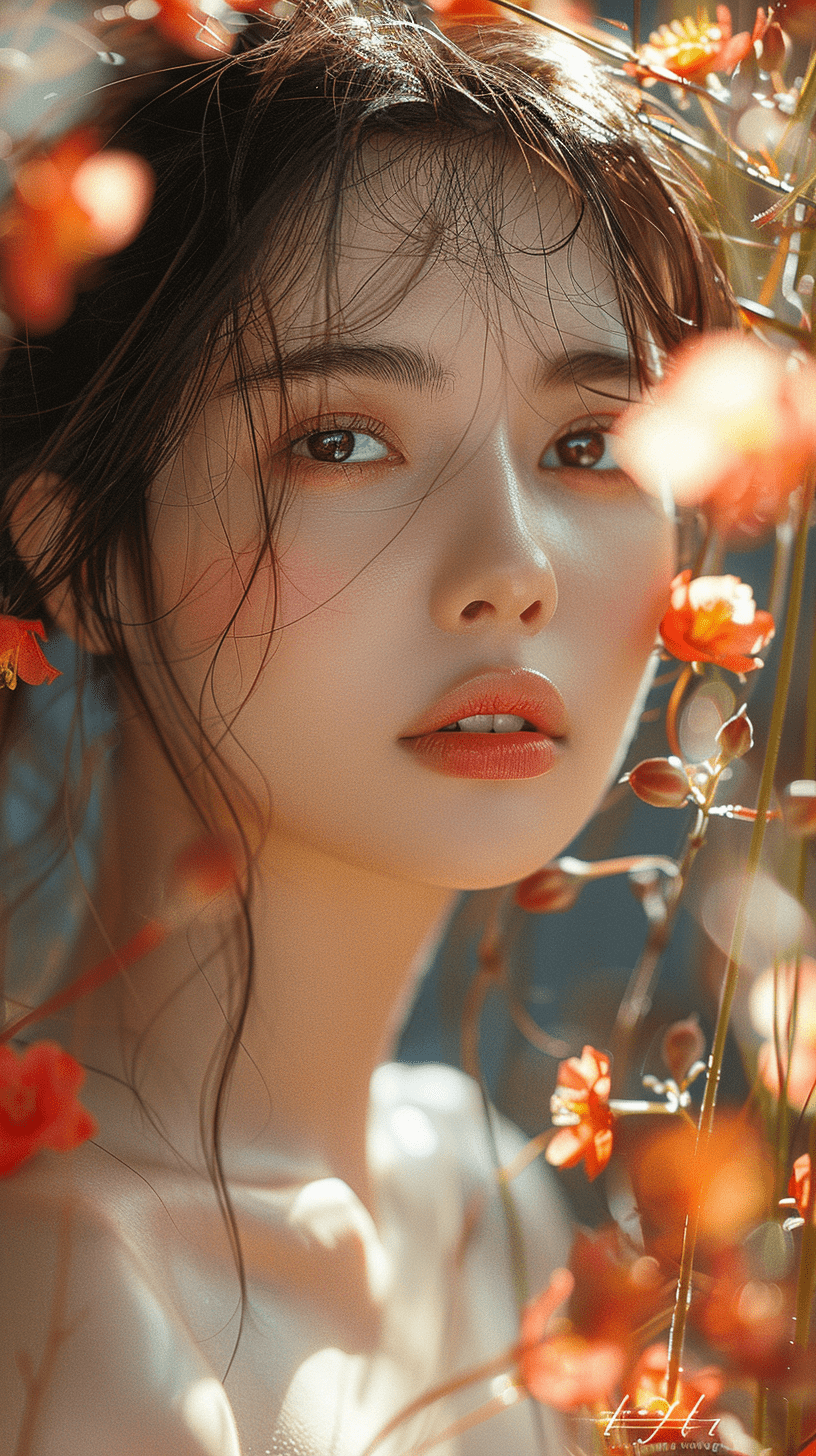 一位少女与五彩缤纷的花朵交织在一起，格外的唯美