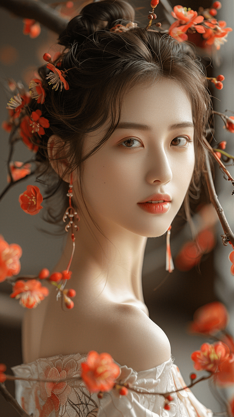 一位少女与五彩缤纷的花朵交织在一起，格外的唯美