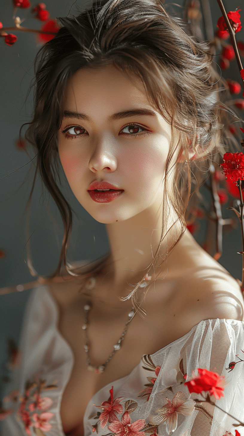 一位少女与五彩缤纷的花朵交织在一起，格外的唯美