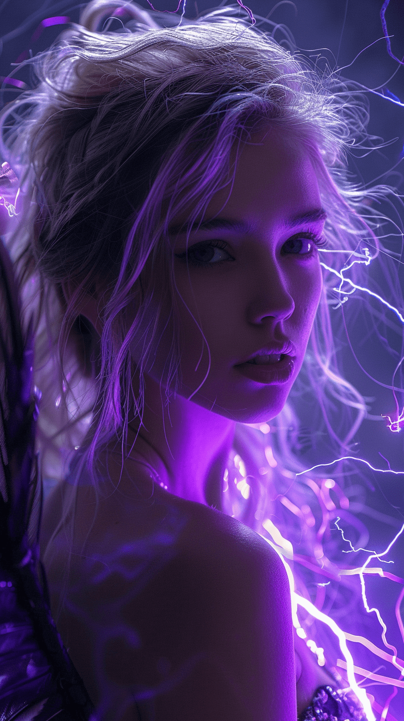 一位紫色风格的美女，有着神秘的翅膀