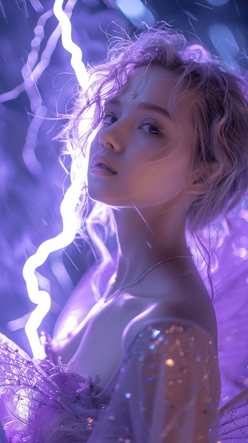 一位紫色风格的美女，有着神秘的翅膀
