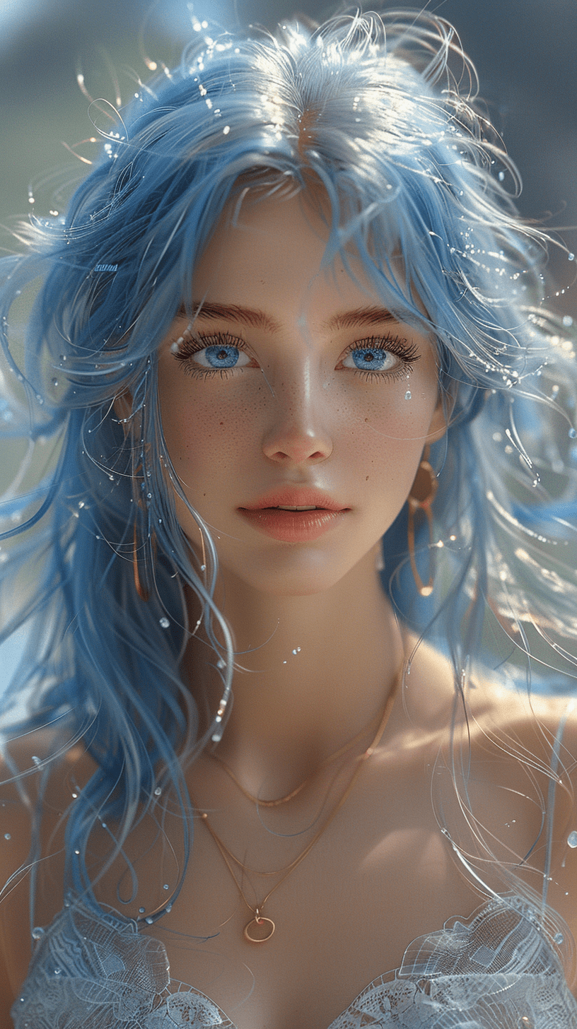 一位小女孩，脸上有着璀璨的蓝色妆容，仿佛是星空下的小精灵。