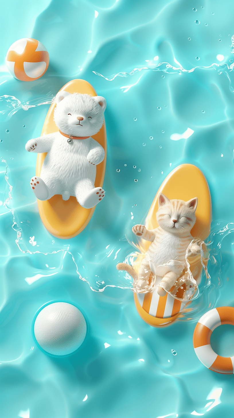 一只白色的北极熊和棕色的胖猫，在悠闲地躺在游泳池中晒太阳