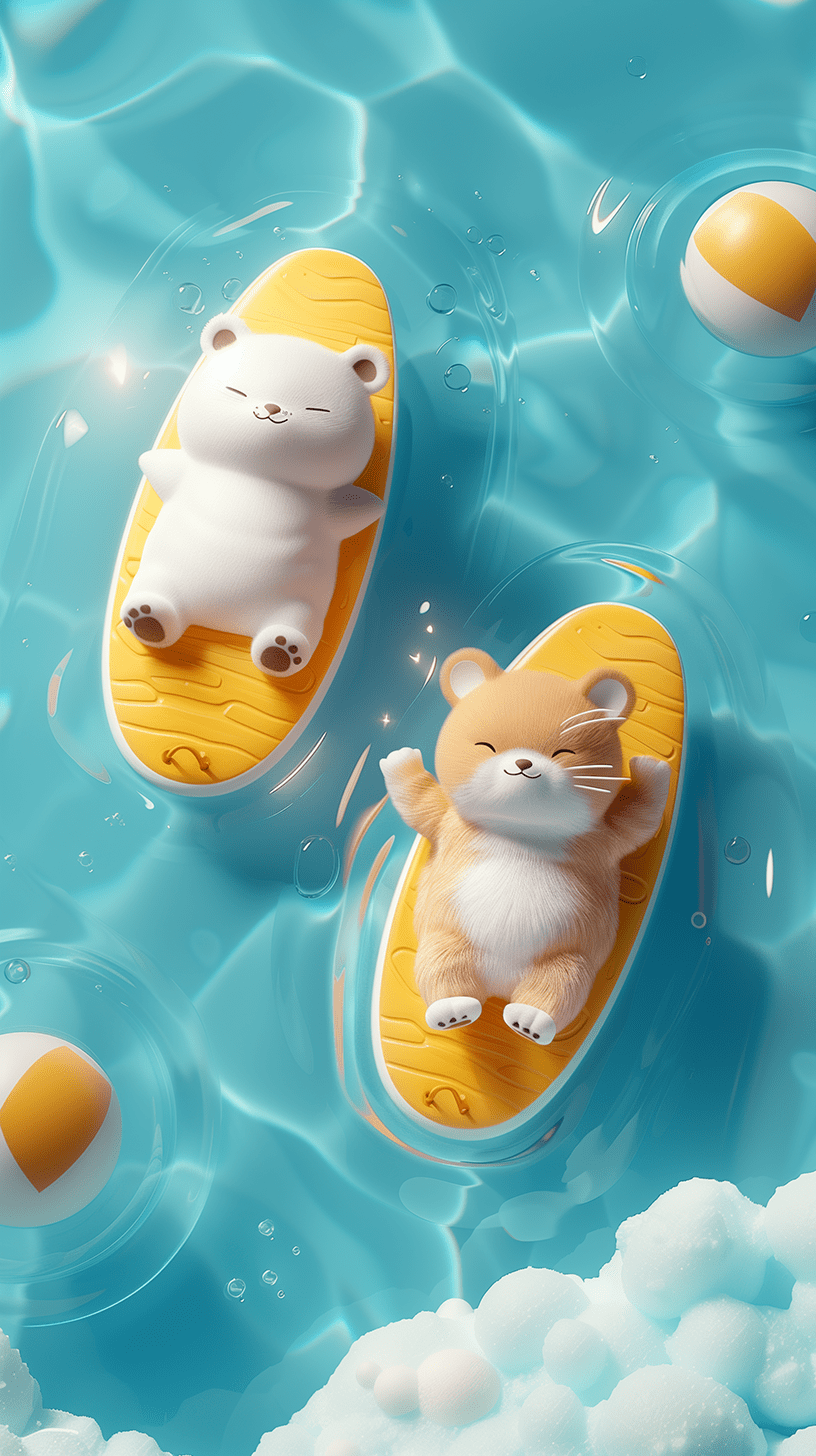 一只白色的北极熊和棕色的胖猫，在悠闲地躺在游泳池中晒太阳