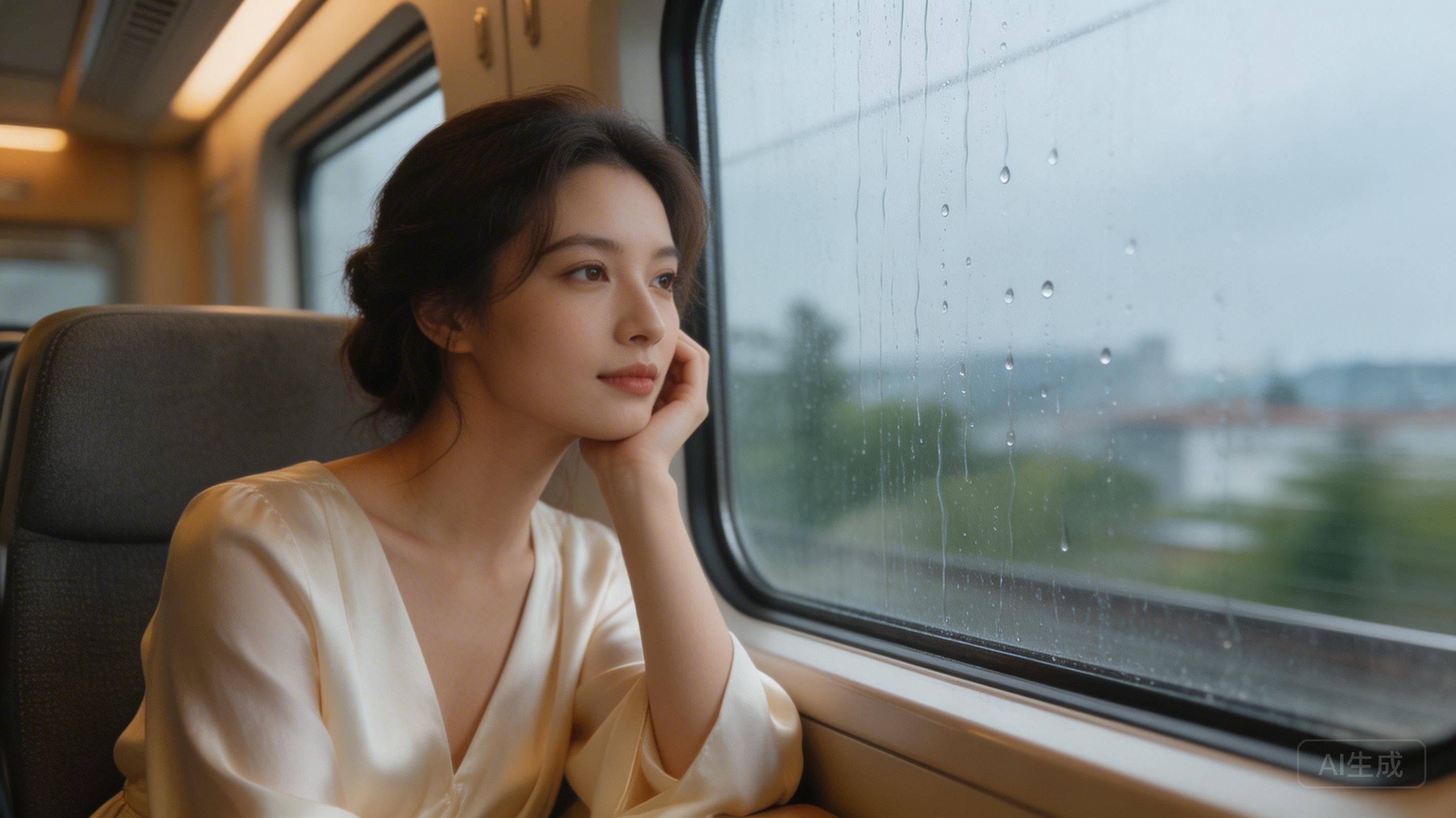 优雅女子静坐高铁窗边，雨滴滑落玻璃窗的唯美壁纸