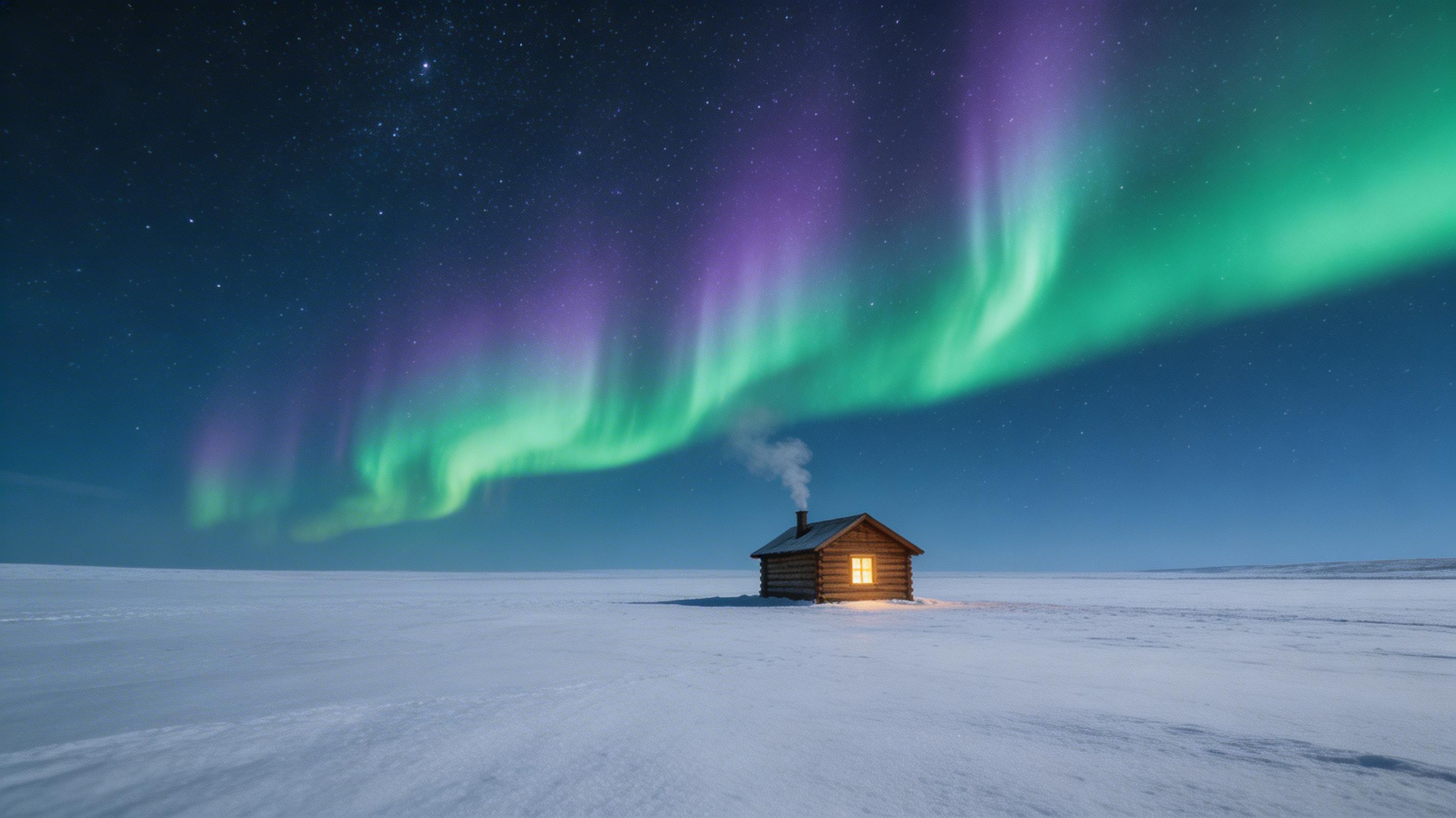 极光下的雪原木屋：星夜中舞动的绿紫极光与静谧雪景