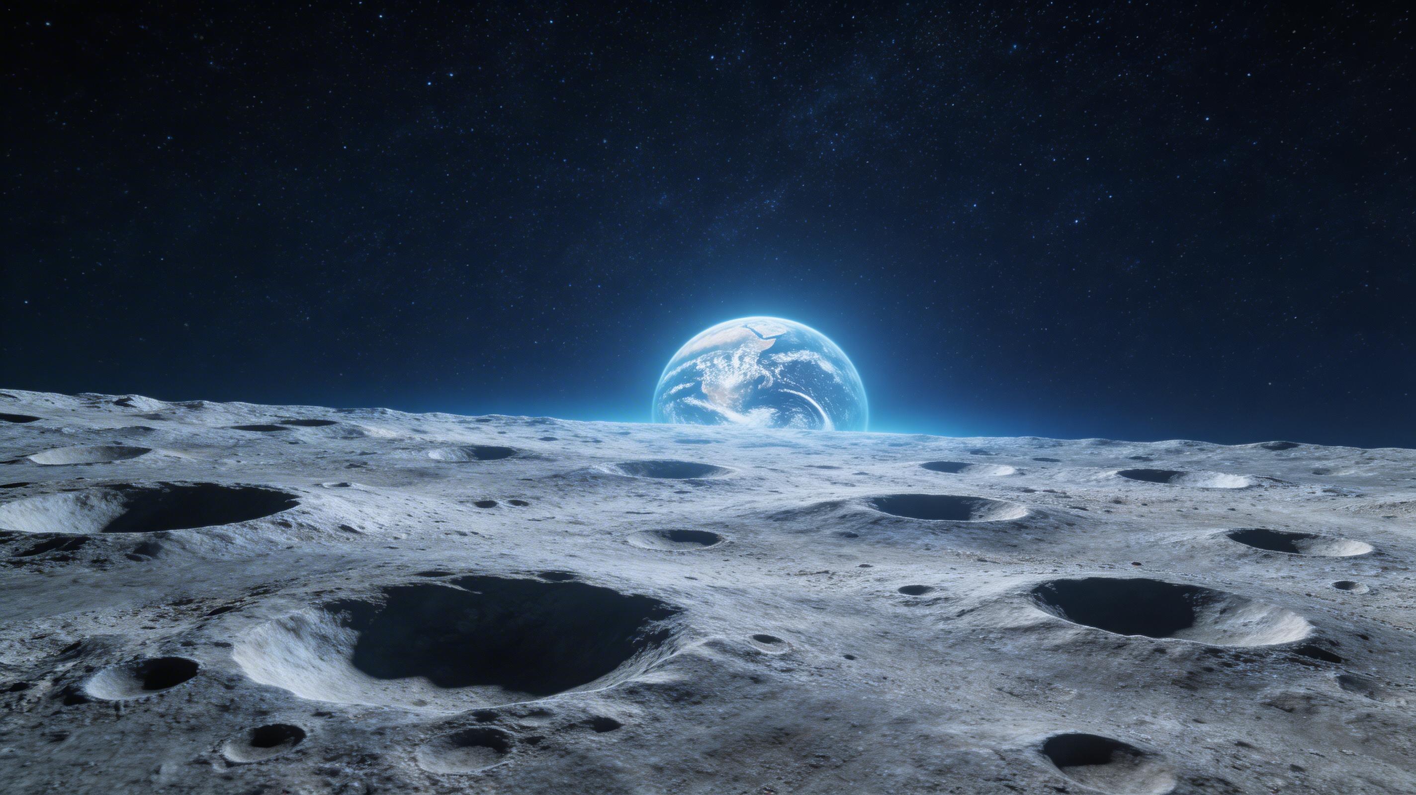 月球陨石坑地貌中地球从地平线升起，星空璀璨行星微光闪烁的宇宙摄影壁纸
