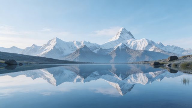雪山倒映在镜面般的高山湖泊中，宁静的清晨风光壁纸