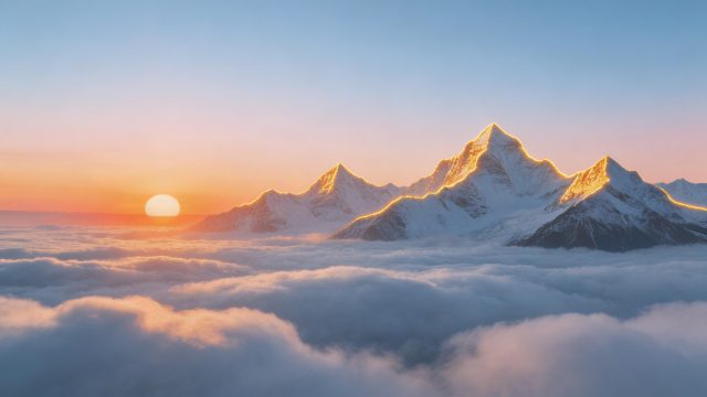 壁纸: 云海雪山日出壁纸，金色晨光勾勒峰顶的壮丽自然景观